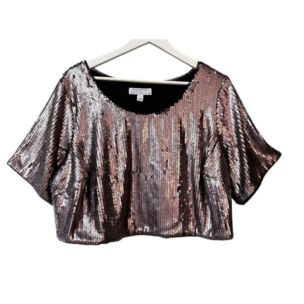 Ashley Nell Tipton Women's Crop Top‎ Blouse Pink Pewter Sequin S/S Plus Size 1X
